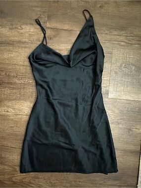 Black Satin Slip Dress with Asymetrical Cowl Neck